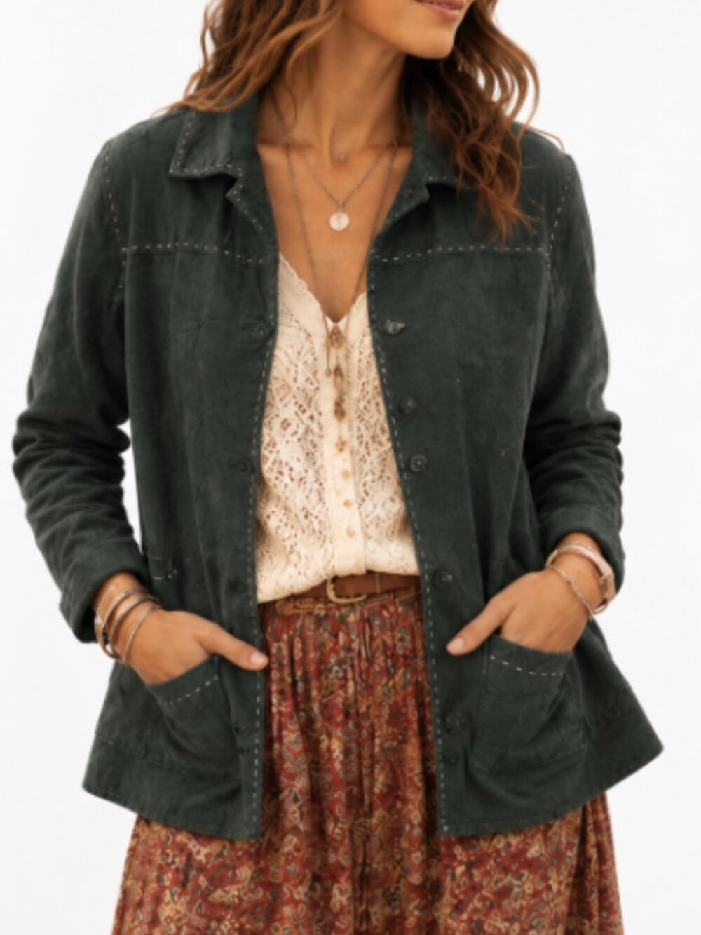 Denim & Co. Washable Suede Barn Jacket with Pickstitch Detail Emerald Green XL